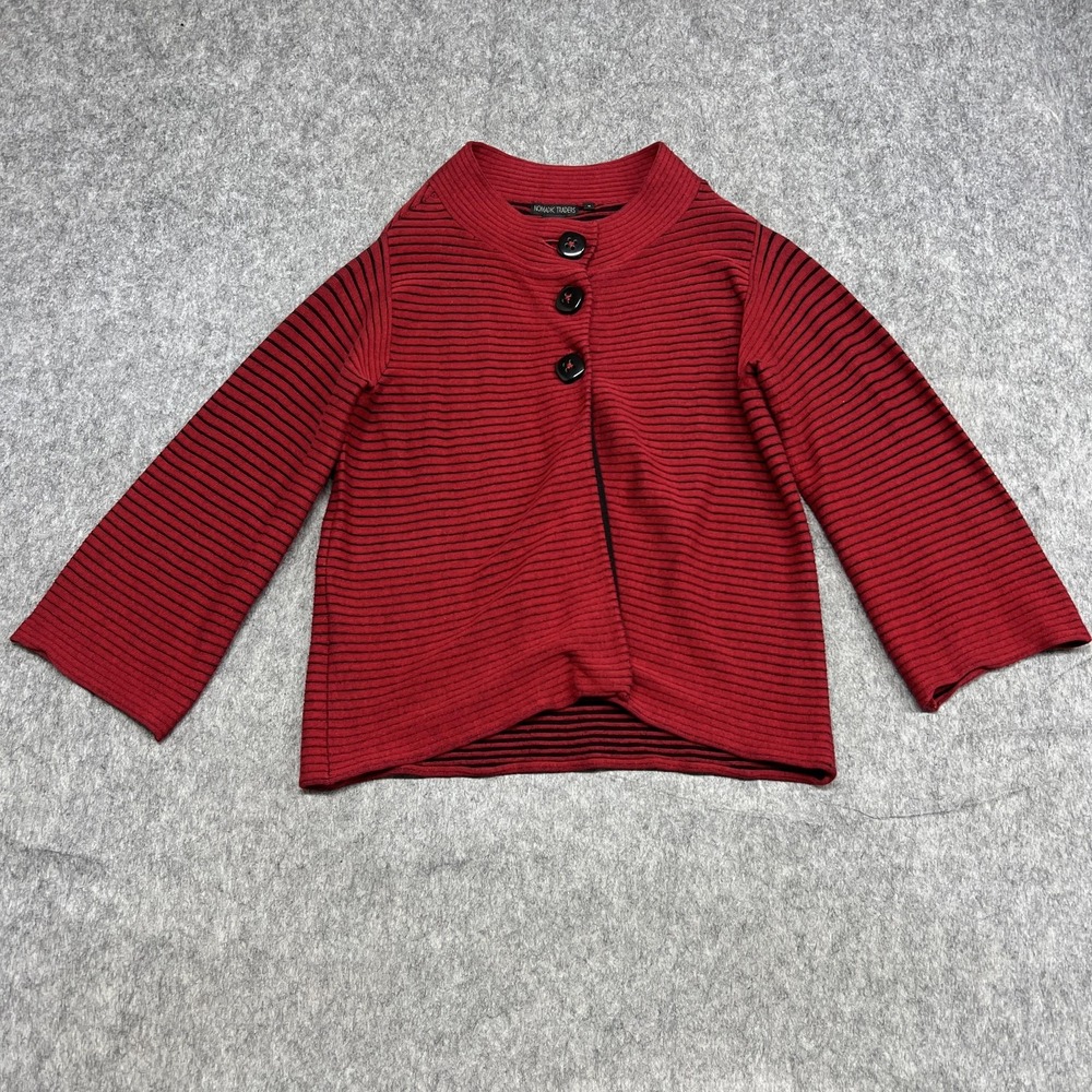 Nomadic Traders Sweater‎ Womens Small Red Black Striped 3 Button Cardigan Jacket